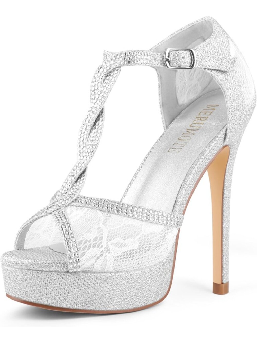 Women's Silver Glitter Peep Toe Platform Stilettos Sparkly Rhinestone Lace Heels
